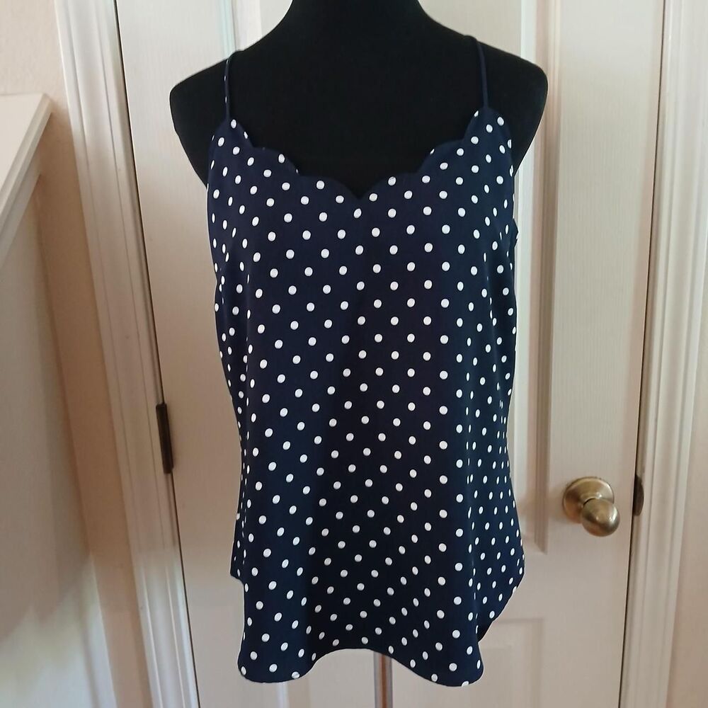 J.Crew navy/white polka dot tank top scalloped top edge 6 old money quiet luxury